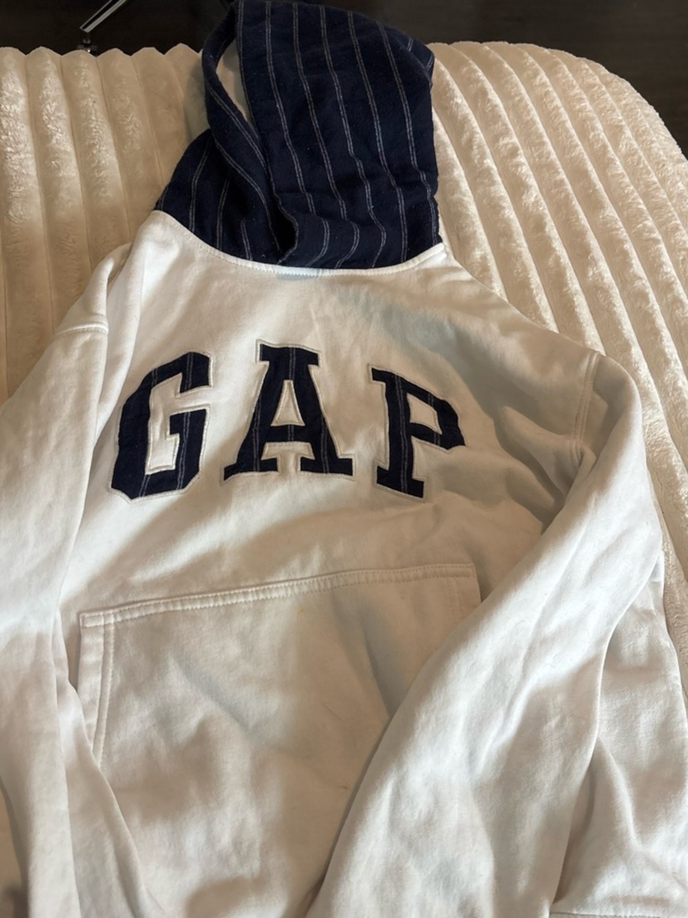 GAP White Hoodie with Navy Appliqué and Striped Hood with STAINE